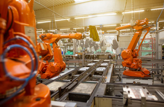 Factory floor with rows of industrial machines